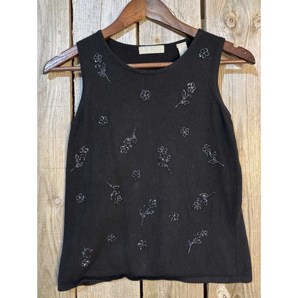 Kate Hill Petite Beaded Sleeveless Knit Top PS‎ Black